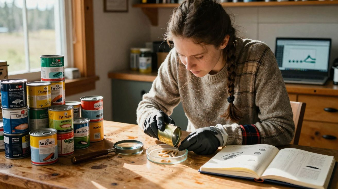 Femme analysant le contenu de boîtes de conserve sur une table avec un livre ouvert et un ordinateur portable en arrière-plan