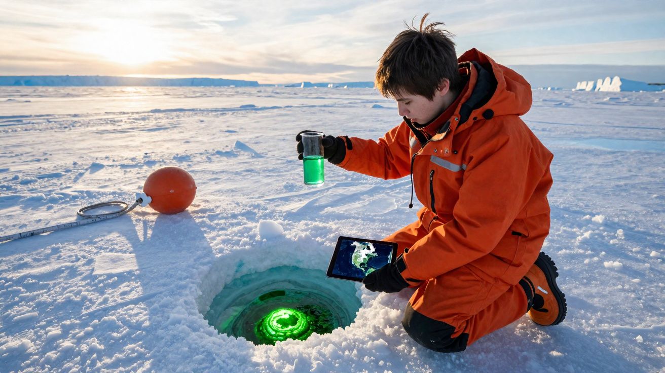Chercheur en combinaison orange recueillant un échantillon d'eau verte sur la glace polaire avec tablette en main.