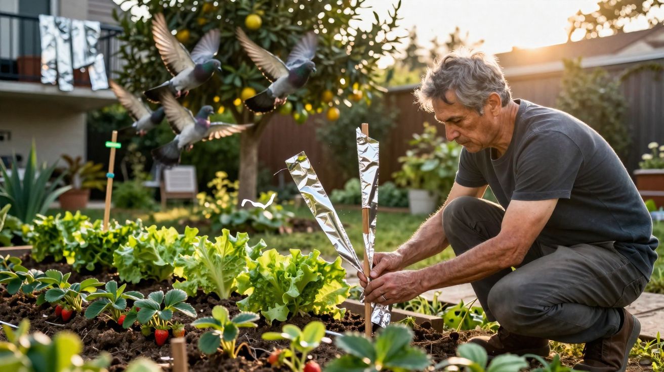 Homme jardinant dans un potager avec des légumes et des oiseaux volant au-dessus dans un jardin ensoleillé.