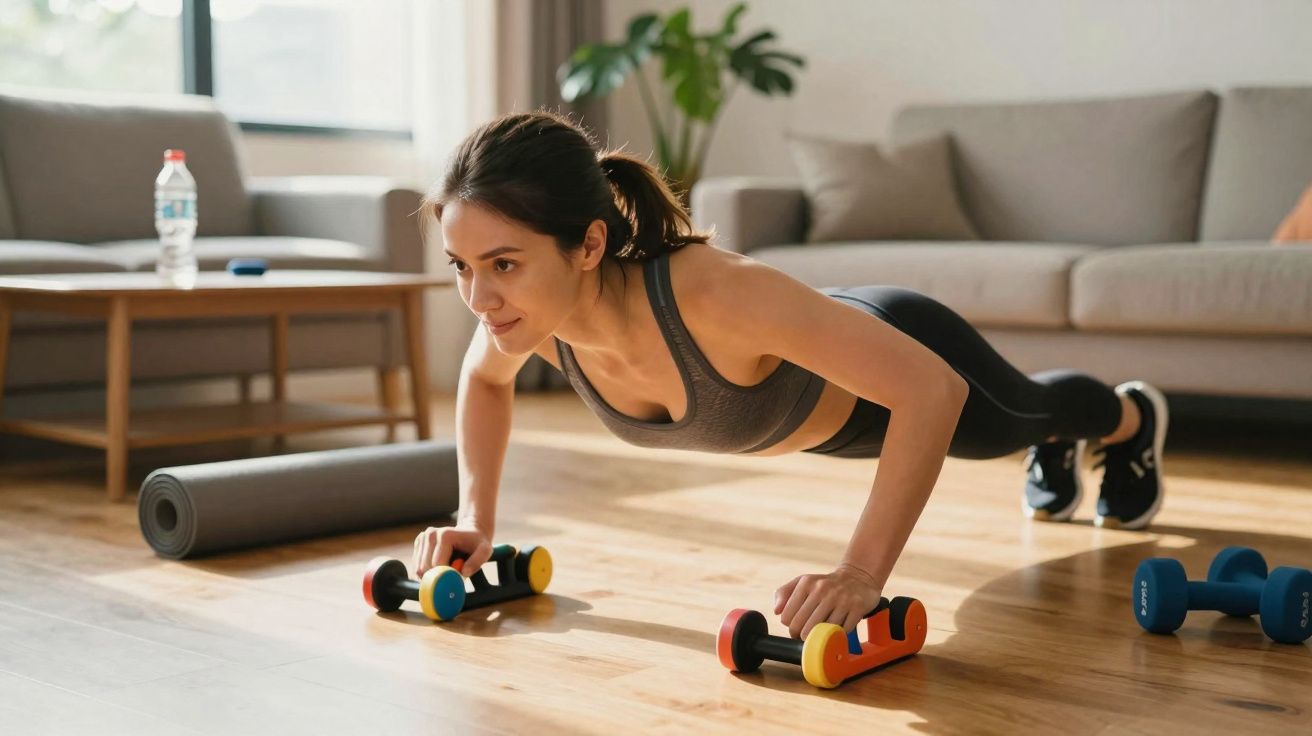 Femme fait des pompes avec des supports de poids colorés dans un salon lumineux avec tapis de yoga.