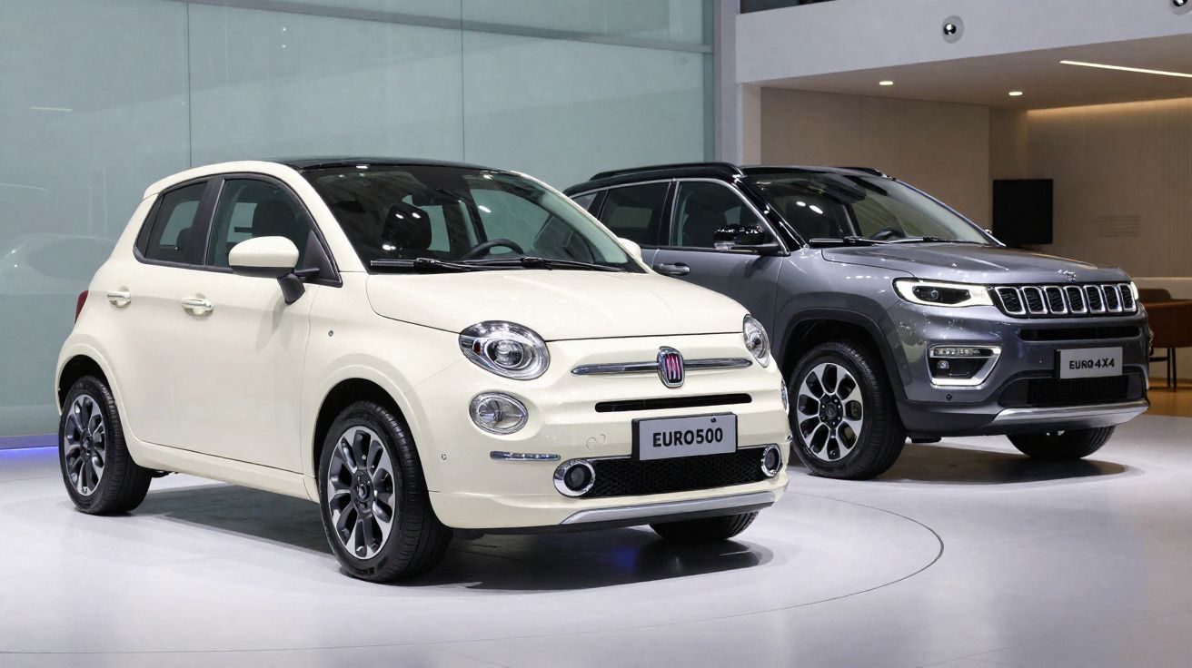 Deux voitures neuves exposées, une Fiat 500 blanche et un SUV Jeep gris sur un sol blanc.