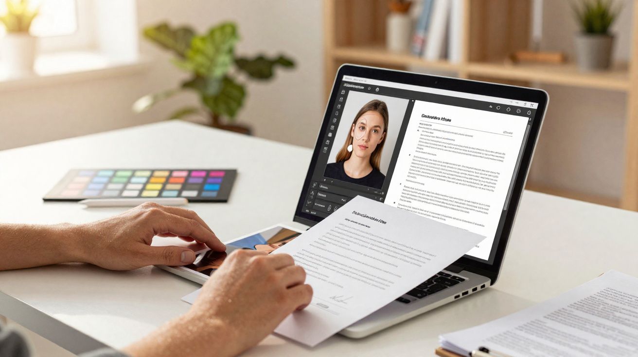 Personne tenant un CV imprimé devant un ordinateur avec une photo et un CV en ligne affichés à l'écran.