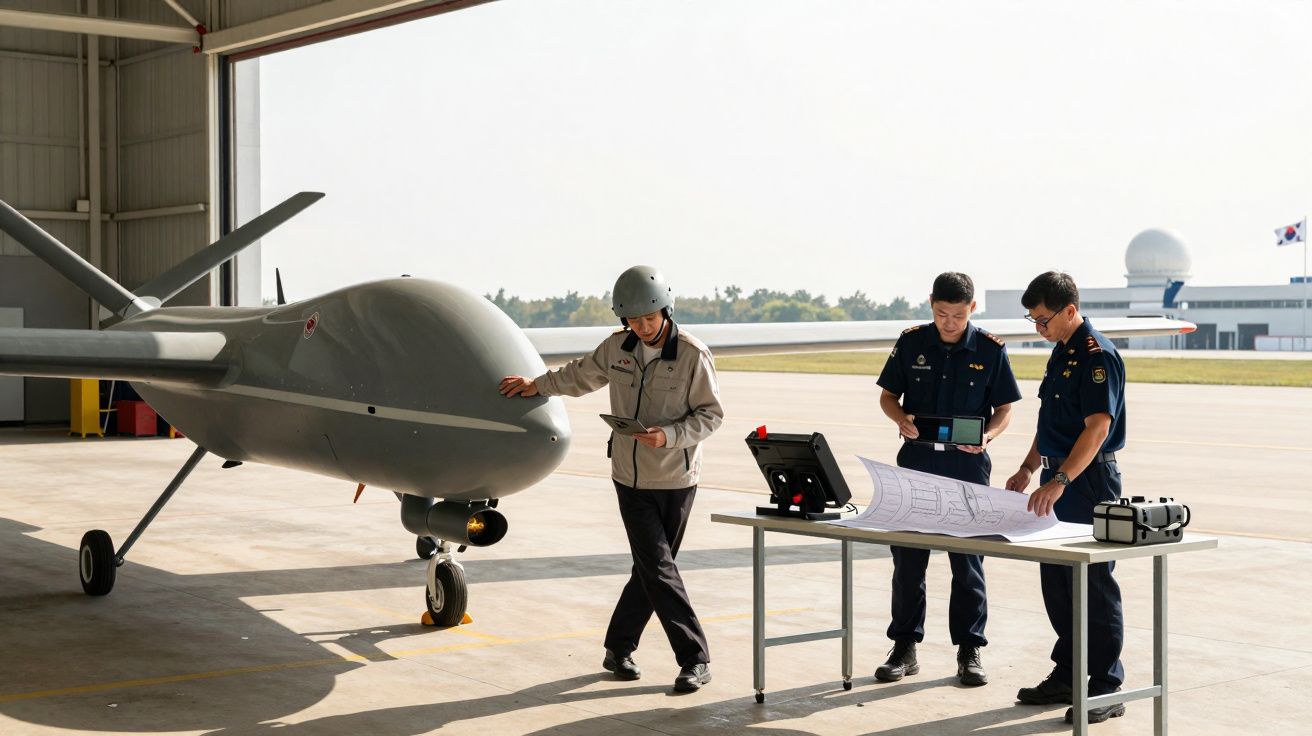 Trois militaires examinent un drone militaire dans un hangar, avec plans et équipements sur une table à côté.
