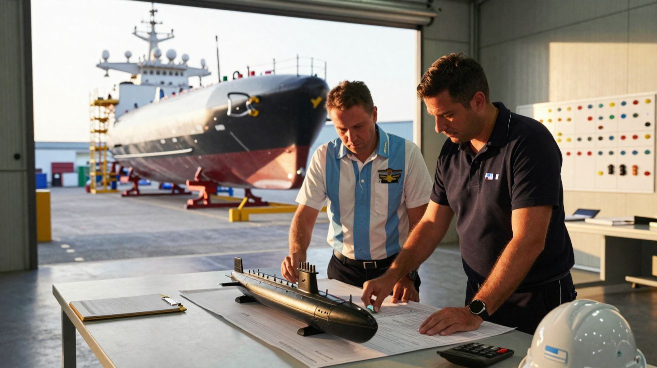 Deux hommes étudient un plan avec une maquette de sous-marin dans un hangar, un vrai navire visible en arrière-plan.
