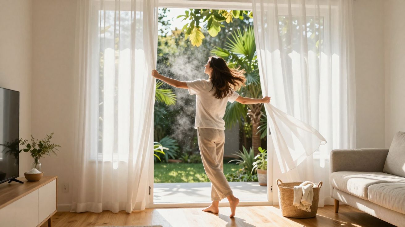 Femme ouvrant les rideaux d'une baie vitrée, lumière naturelle entrant dans un salon lumineux et moderne.
