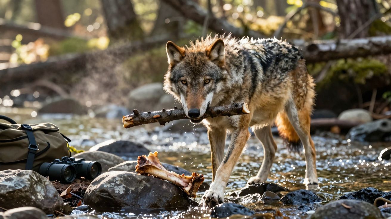 Loup tenant un bâton dans la gueule, traversant un ruisseau rocheux en forêt avec un os et jumelles posés à côté.