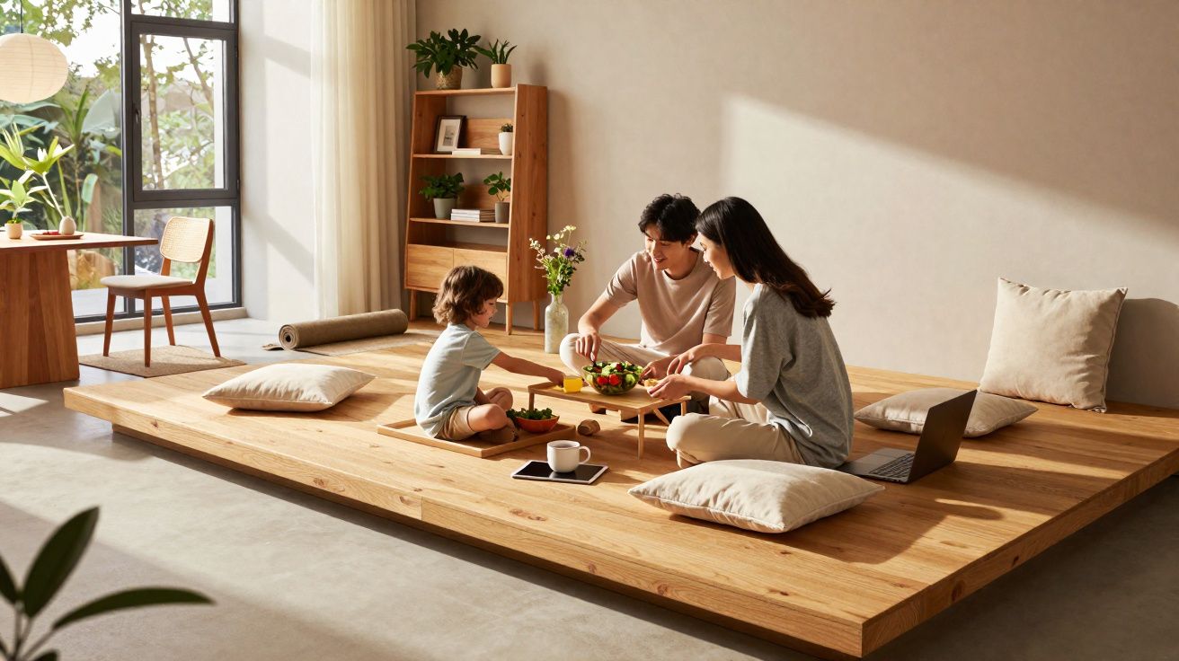 Famille asiatique partageant un repas sur une plateforme en bois dans un salon lumineux et minimaliste.