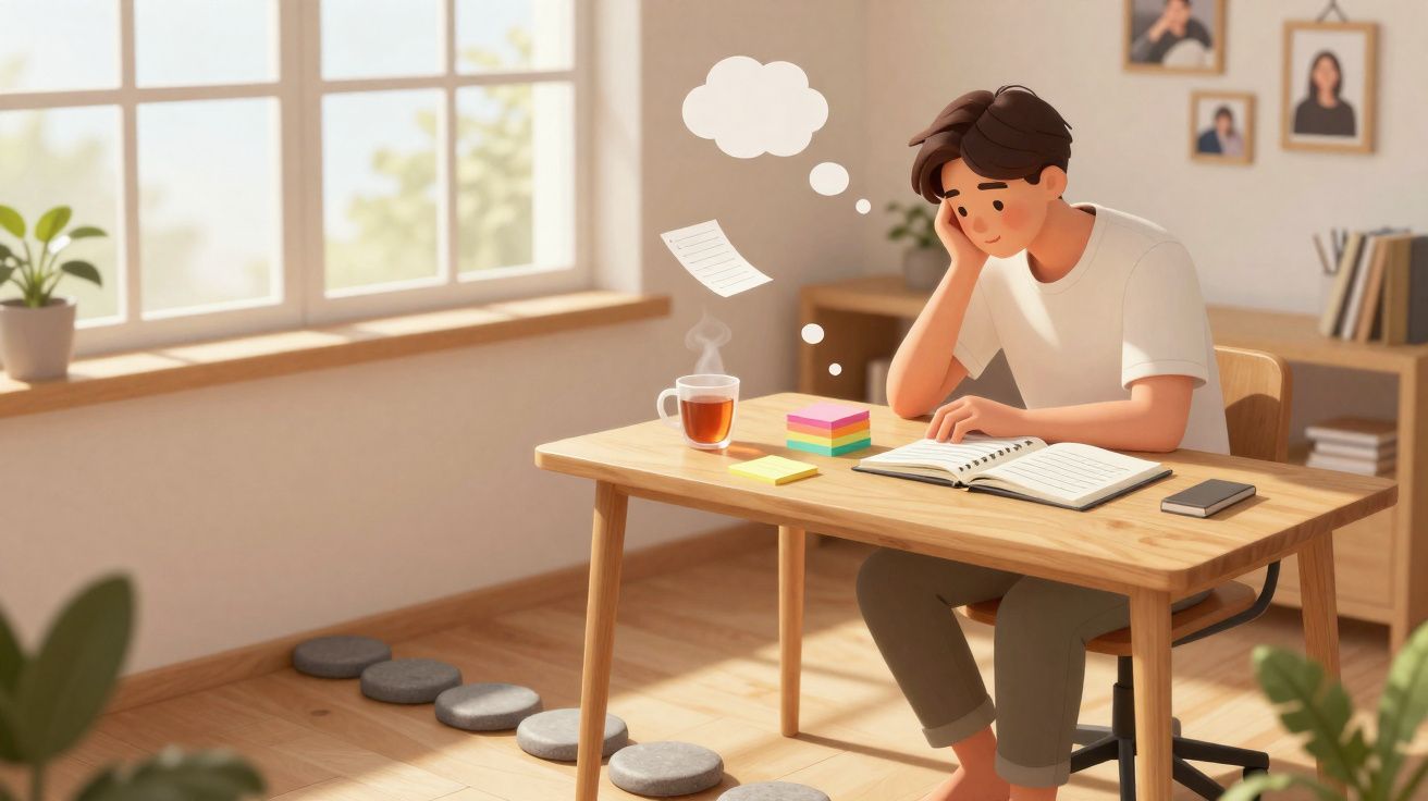 Jeune homme pensif étudiant à une table avec thé chaud dans une pièce lumineuse aux plantes et photos murales.