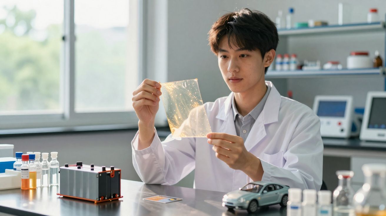 Jeune scientifique en blouse blanche examinant un film transparent dans un laboratoire moderne.