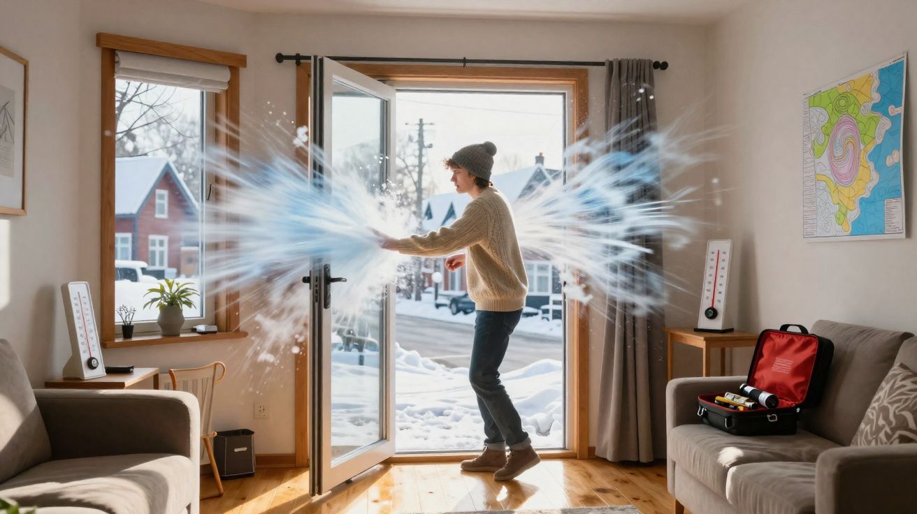 Personne ouvrant une porte sur une maison enneigée, avec un effet visuel rappelant un souffle glacial.