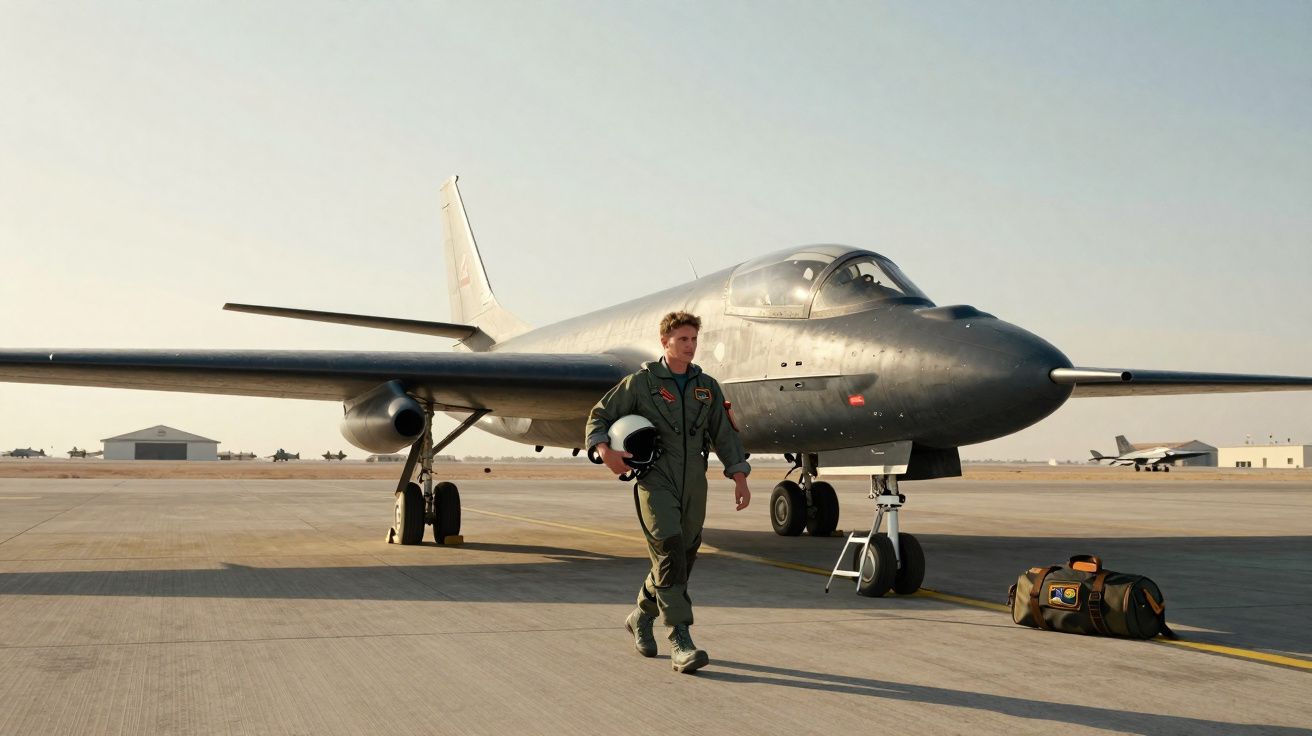 Un pilote en combinaison verte marche devant un avion militaire noir stationné sur une piste d'aéroport.