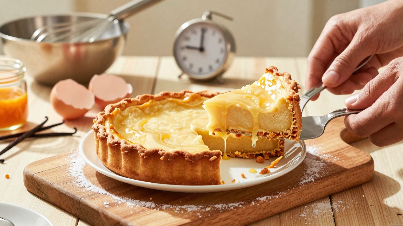 Tarte au citron avec une part prise, coulant de crème, sur planche en bois avec ustensiles de cuisine.