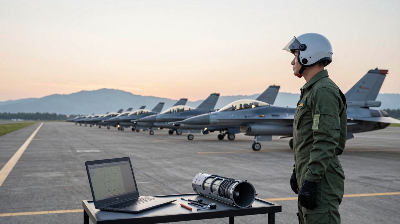 Pilote en tenue de vol avec casque observant une rangée de jets de chasse sur une piste au coucher du soleil.