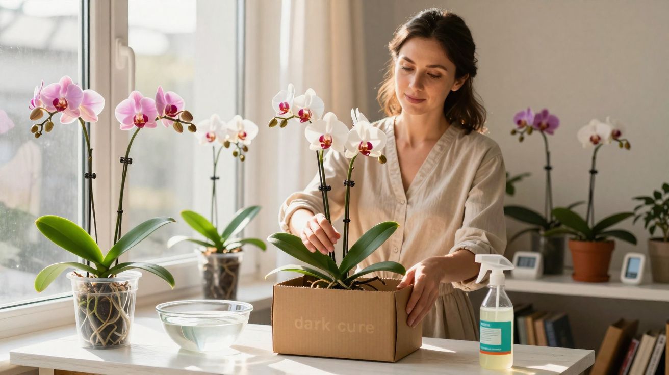 Femme arrangeant une orchidée blanche dans une boîte en carton près d'une fenêtre, entourée d'autres orchidées en pot.