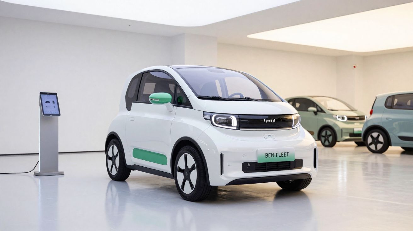 Petite voiture électrique blanche avec accents verts exposée dans un showroom moderne et lumineux.