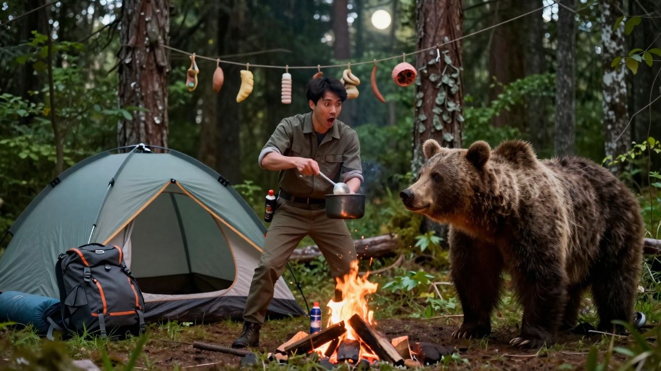 Un homme surpris prépare de la nourriture près d’un feu de camp face à un ours dans une forêt, avec une tente en arrière-plan