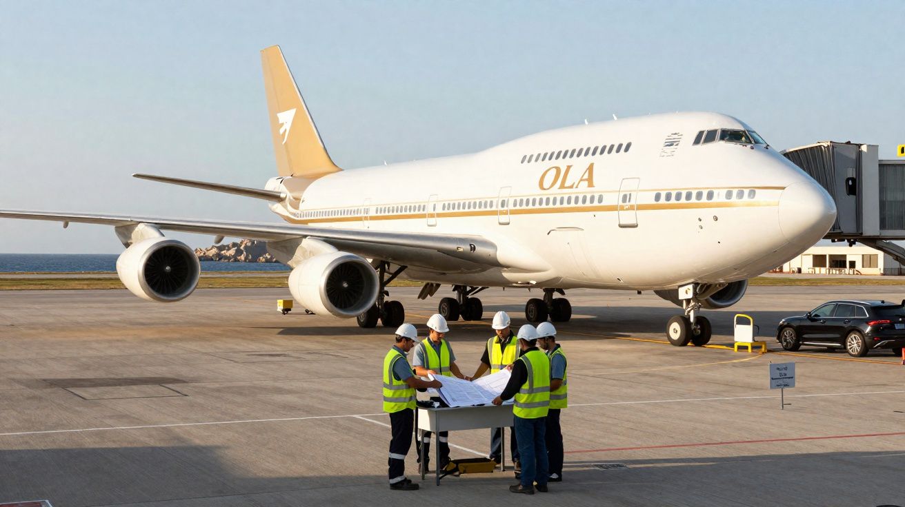 Avion blanc OLA stationné à une porte d'embarquement avec cinq personnes en gilets de sécurité examinant des plans au sol.
