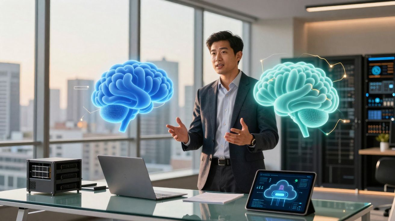 Homme d'affaires présentant des hologrammes de cerveaux bleus dans un bureau moderne avec ordinateurs.