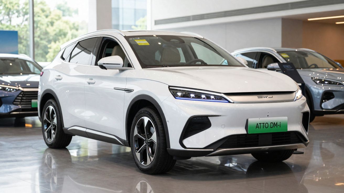 SUV blanc moderne BYD Atto DM-i exposé en intérieur avec éclairage LED et jantes en alliage.