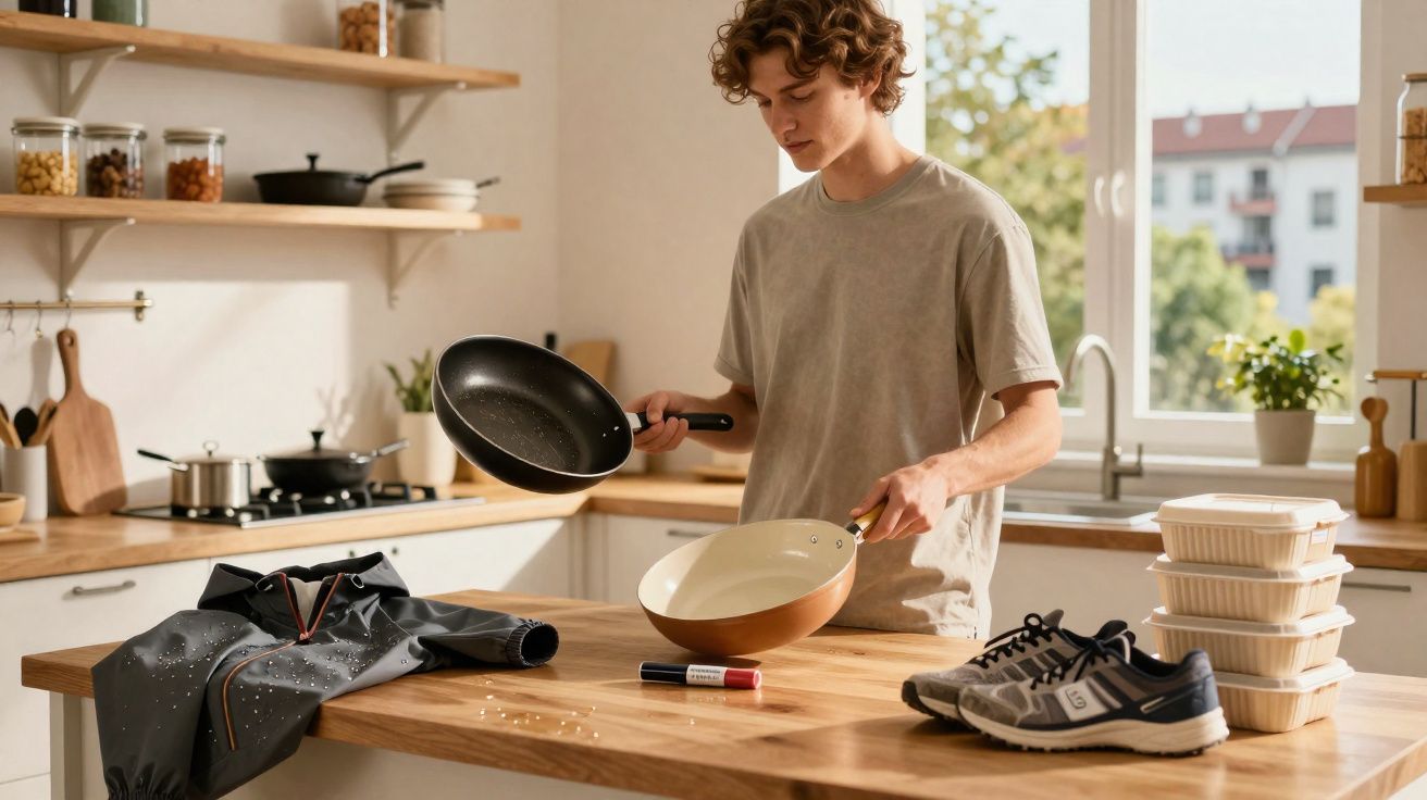 Jeune homme dans une cuisine compare deux poêles sur un plan de travail en bois lumineux.
