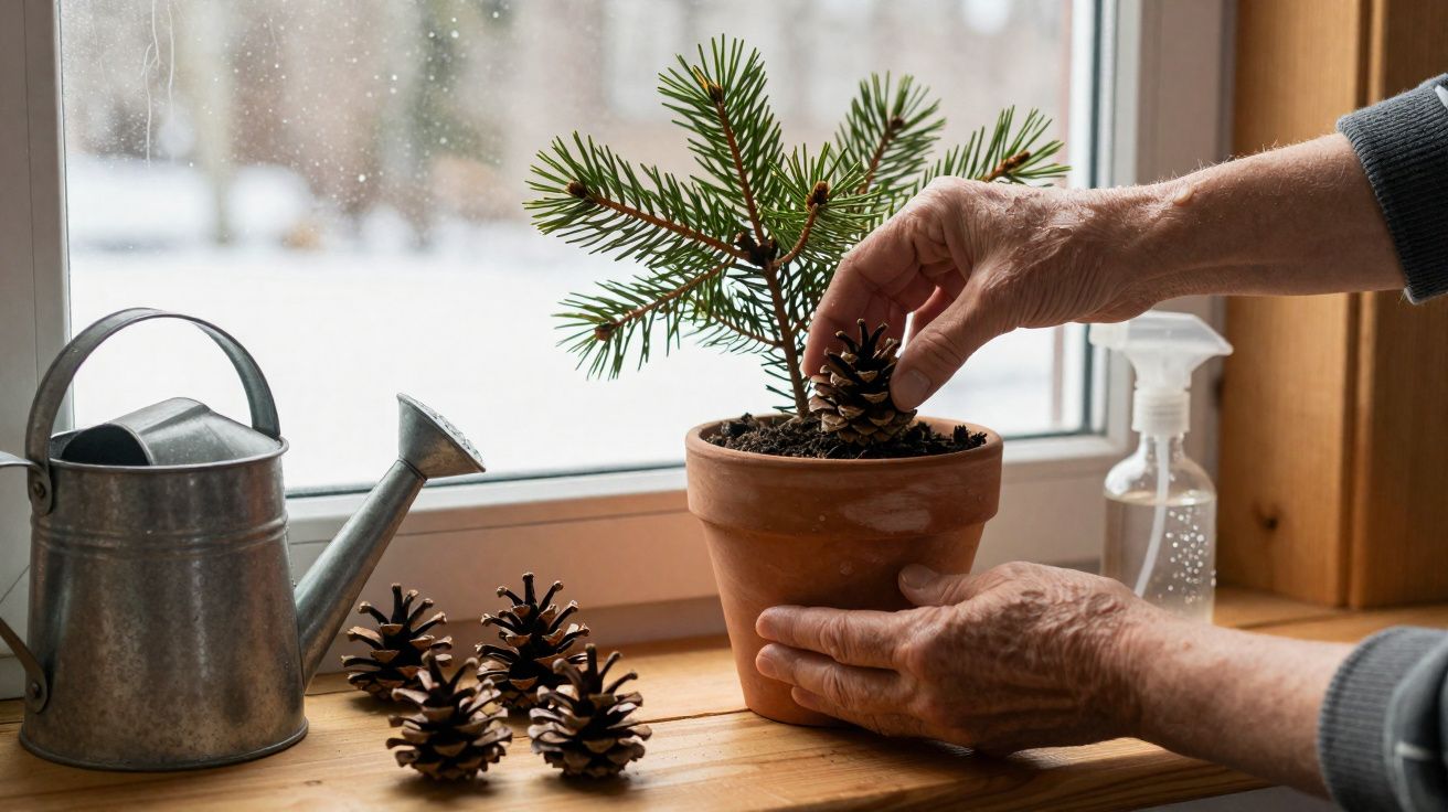 Mains plaçant une pomme de pin dans un pot de sapin sur un rebord de fenêtre avec un arrosoir à côté.
