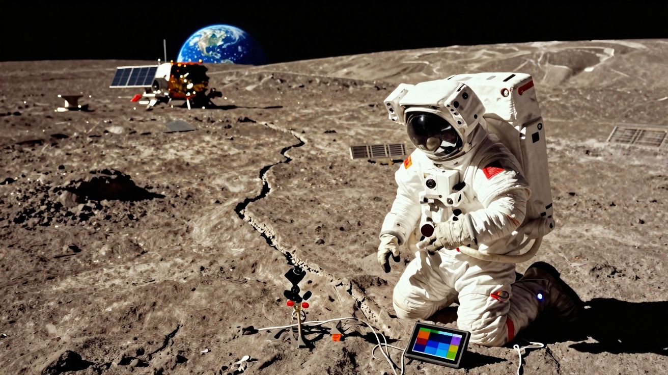 Astronaute en combinaison blanche effectuant une expérience sur la surface lunaire avec la Terre visible en arrière-plan.