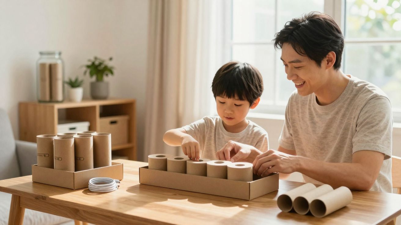 Un père et son fils jouent ensemble avec des rouleaux de carton sur une table en bois lumineuse.