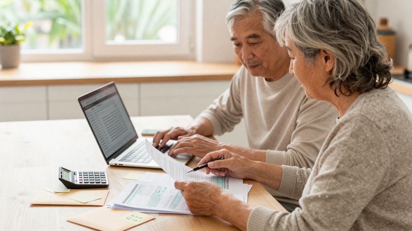 Couple senior analysant des documents financiers avec un ordinateur portable et une calculatrice sur une table en bois.