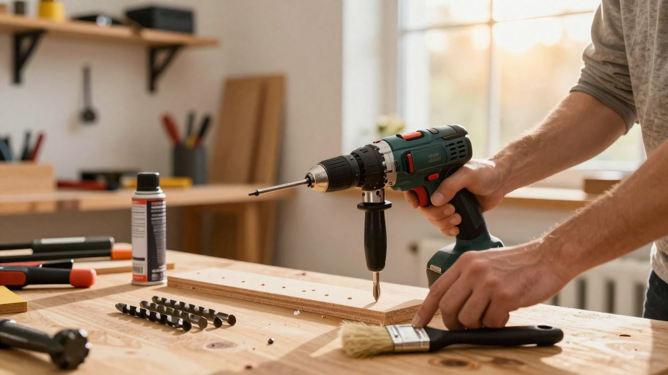 Personne utilisant une perceuse électrique pour percer une planche en bois sur un établi dans un atelier.
