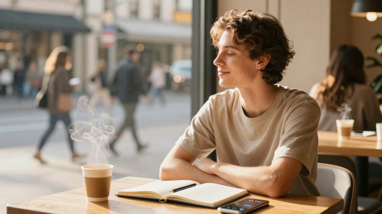 Jeune homme assis à une table de café, yeux fermés, profitant de la chaleur d'une boisson fumante avec carnet ouvert.
