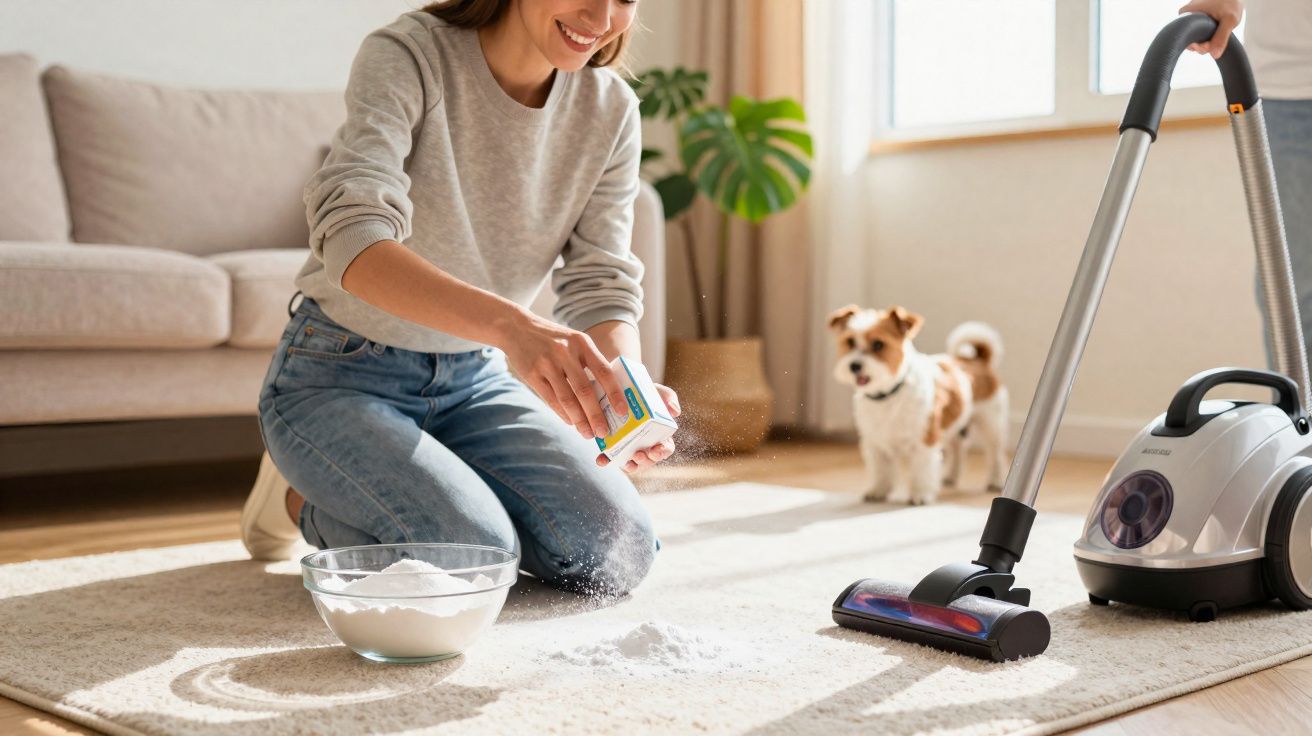 Femme saupoudrant de la poudre sur un tapis avec un chien et un aspirateur à proximité dans un salon lumineux.