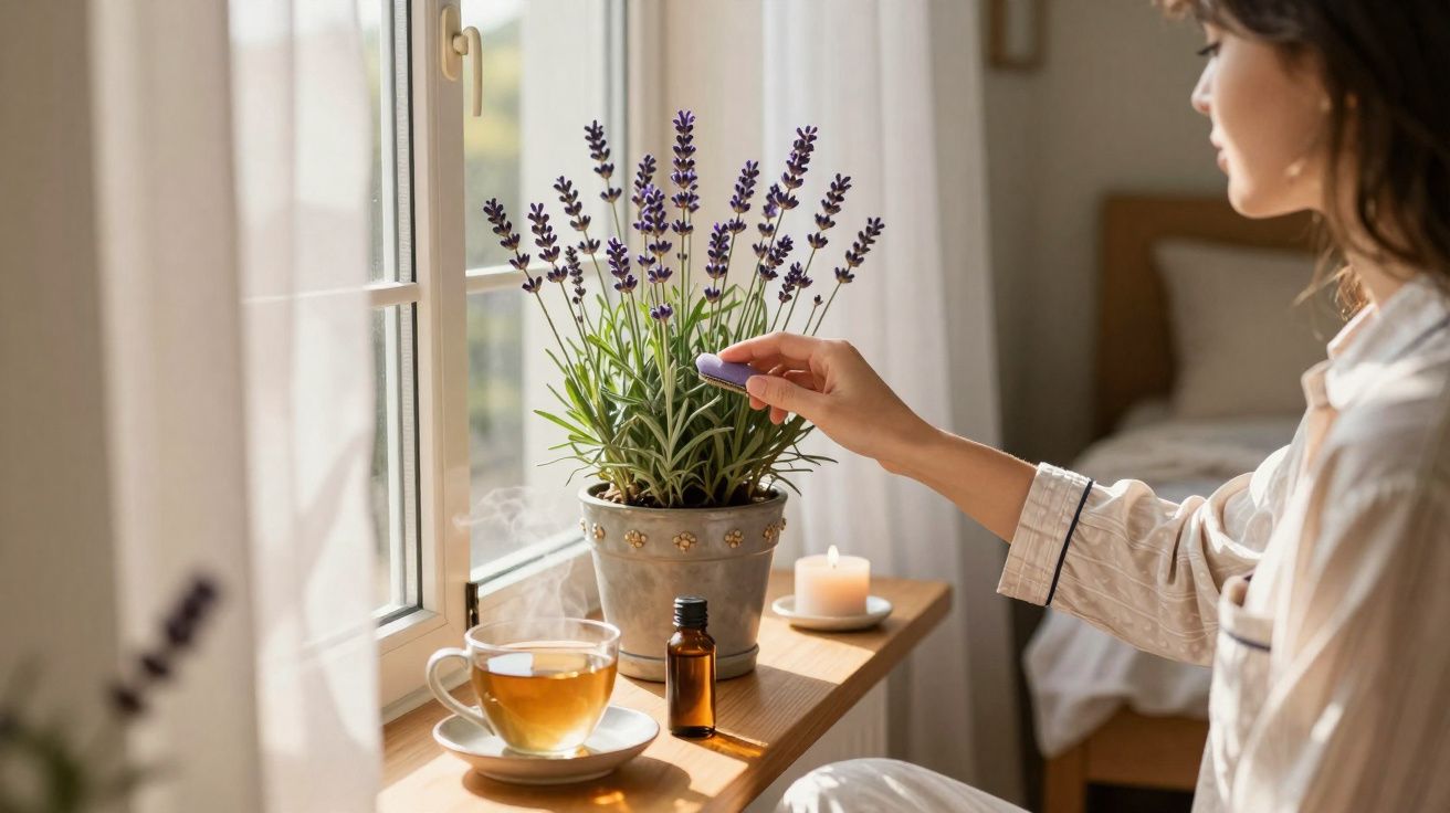 Femme touchant une fleur de lavande sur un rebord de fenêtre avec tisane, huile essentielle et bougie allumée.