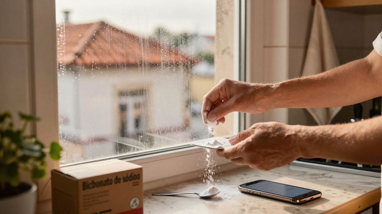 Mains versant du bicarbonate de sodium sur une surface près d'une fenêtre avec un téléphone et une cuillère.