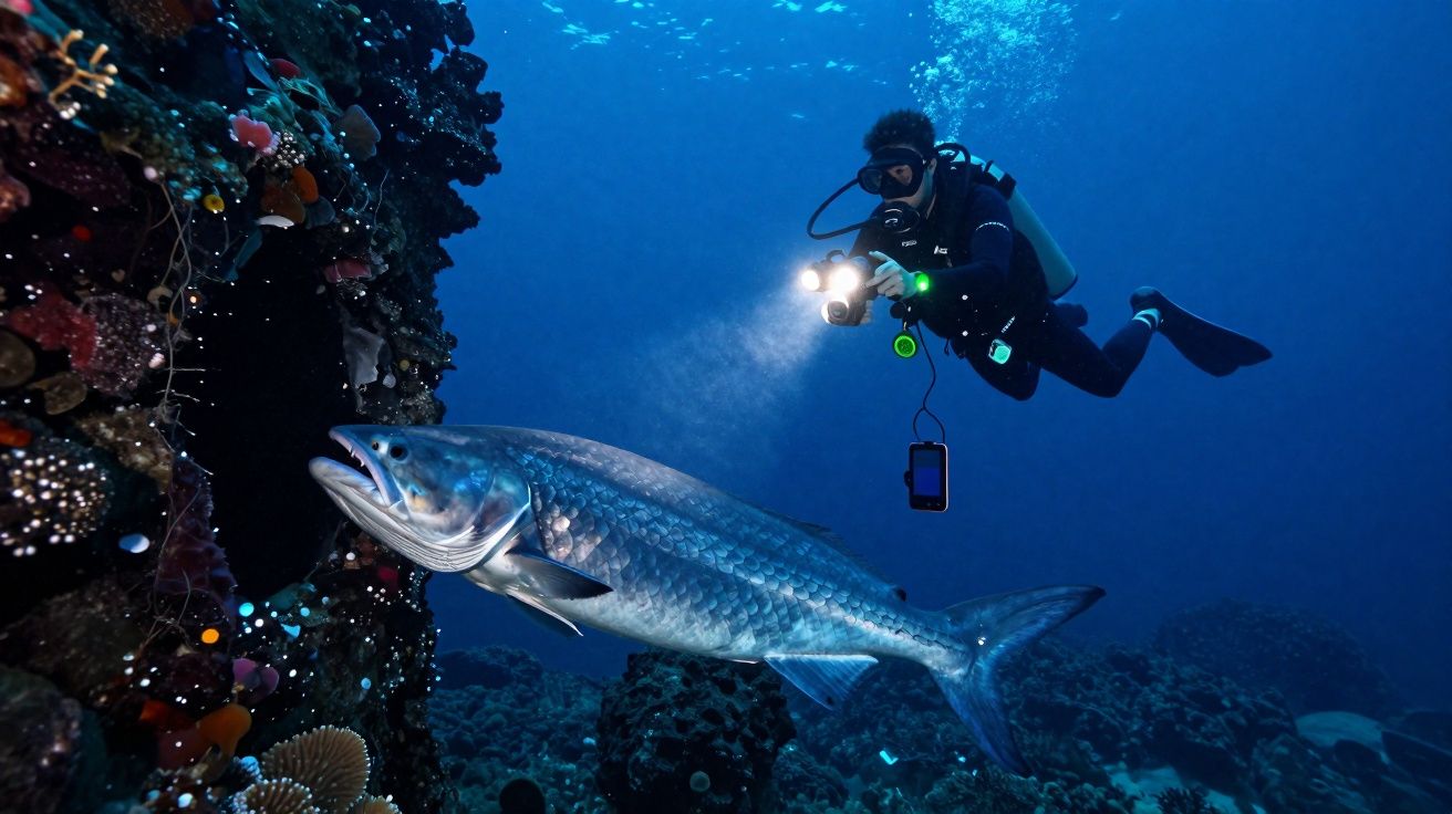Plongeur équipé d'une lampe explore un gros poisson près d'un récif corallien sous-marin.