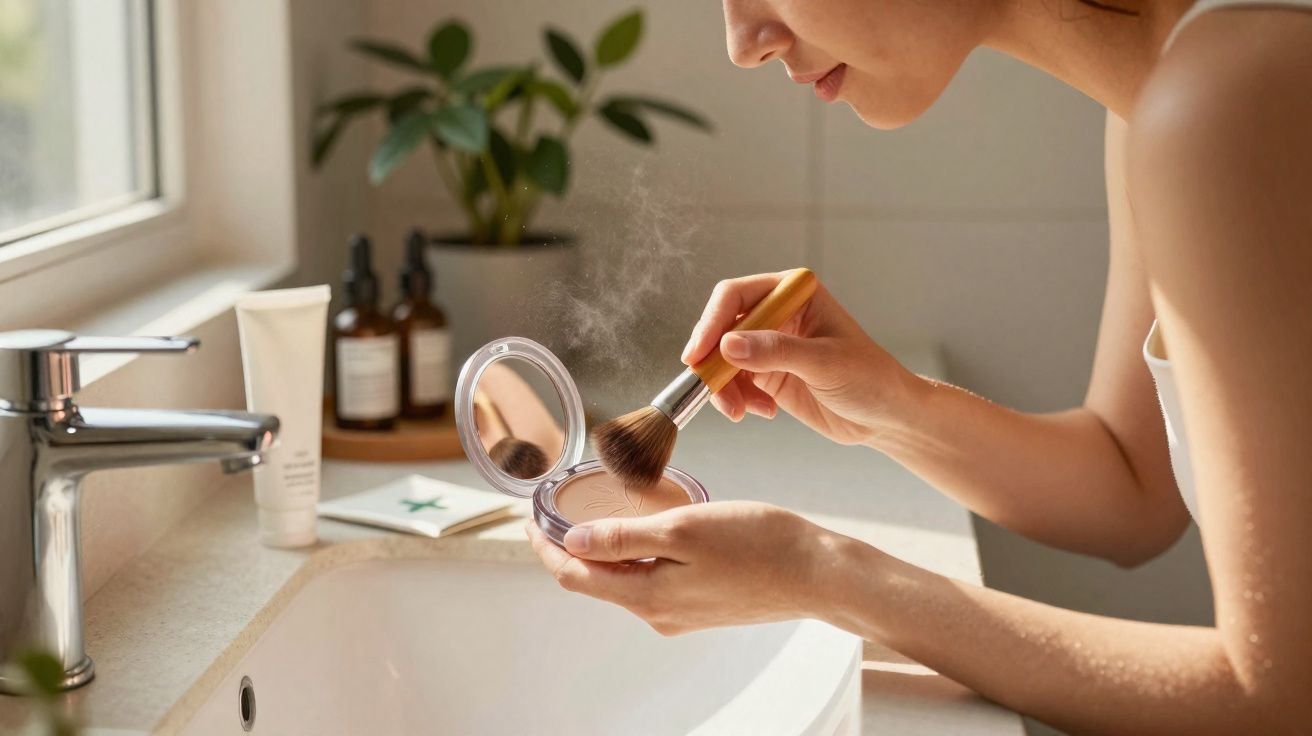 Femme appliquant du maquillage avec un pinceau au-dessus d'un lavabo dans une salle de bain lumineuse.