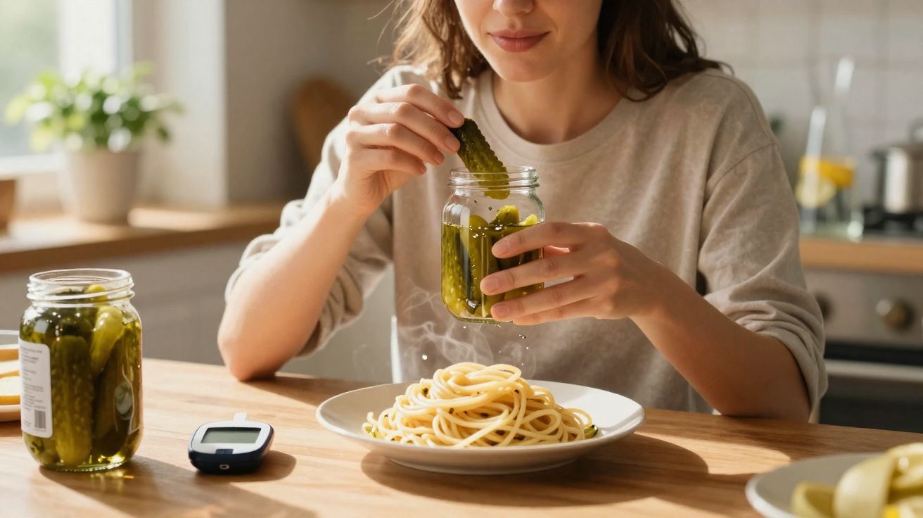 Femme tenant un cornichon au-dessus d'un plat de spaghettis, avec un lecteur de glycémie posé sur la table.