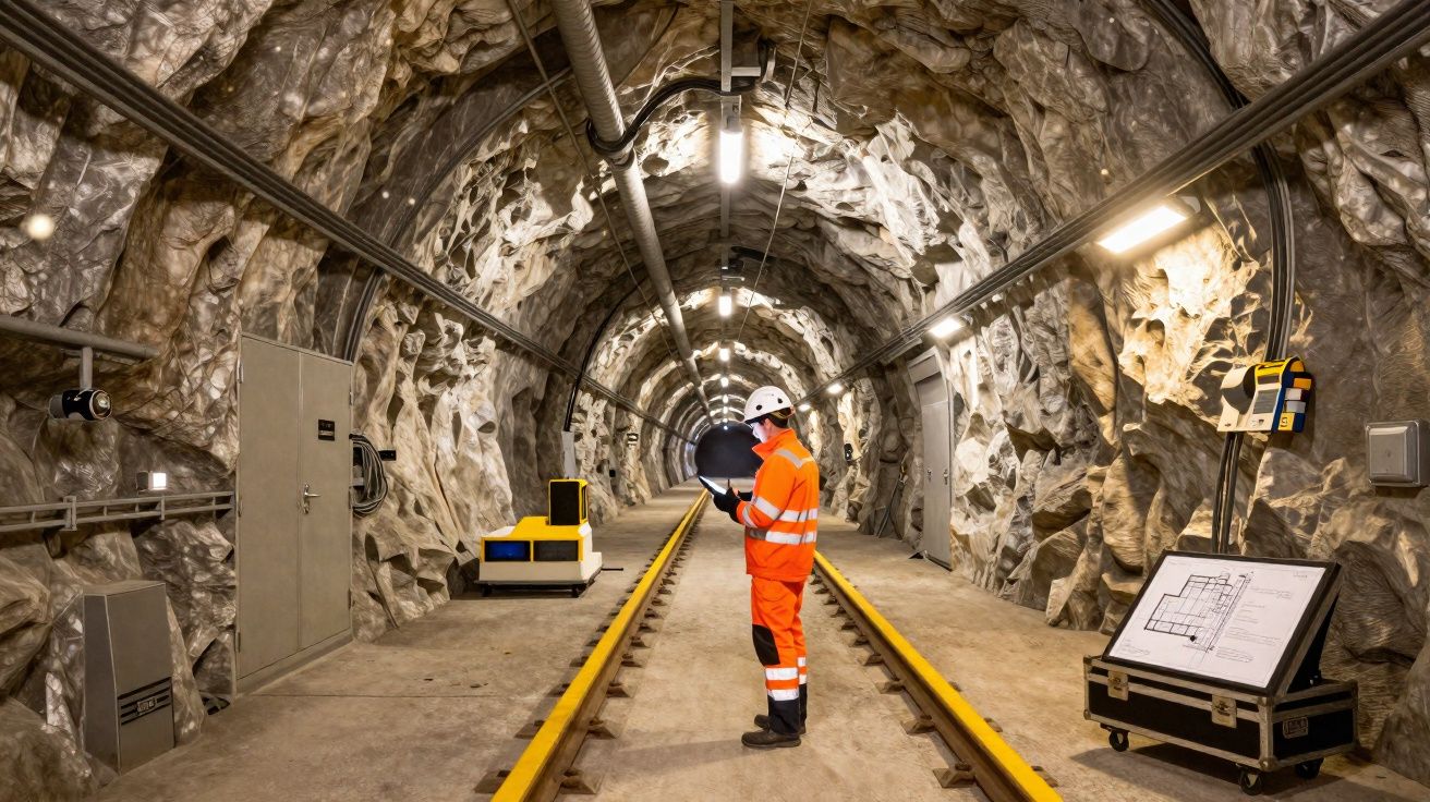 Ouvrier en tenue de sécurité orange dans un tunnel souterrain éclairé avec des rails au sol et des équipements techniques.