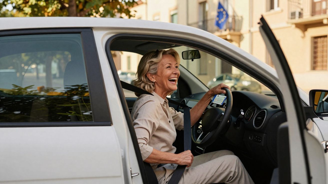 Femme souriante attachant sa ceinture de sécurité dans une voiture blanche, porte ouverte, en milieu urbain.