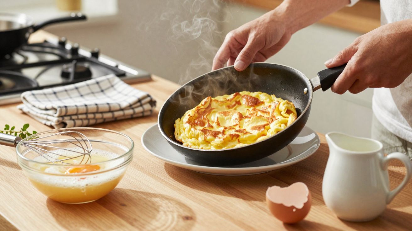 Personne retournant une omelette chaude dans une poêle au-dessus d’une assiette sur une table en bois.