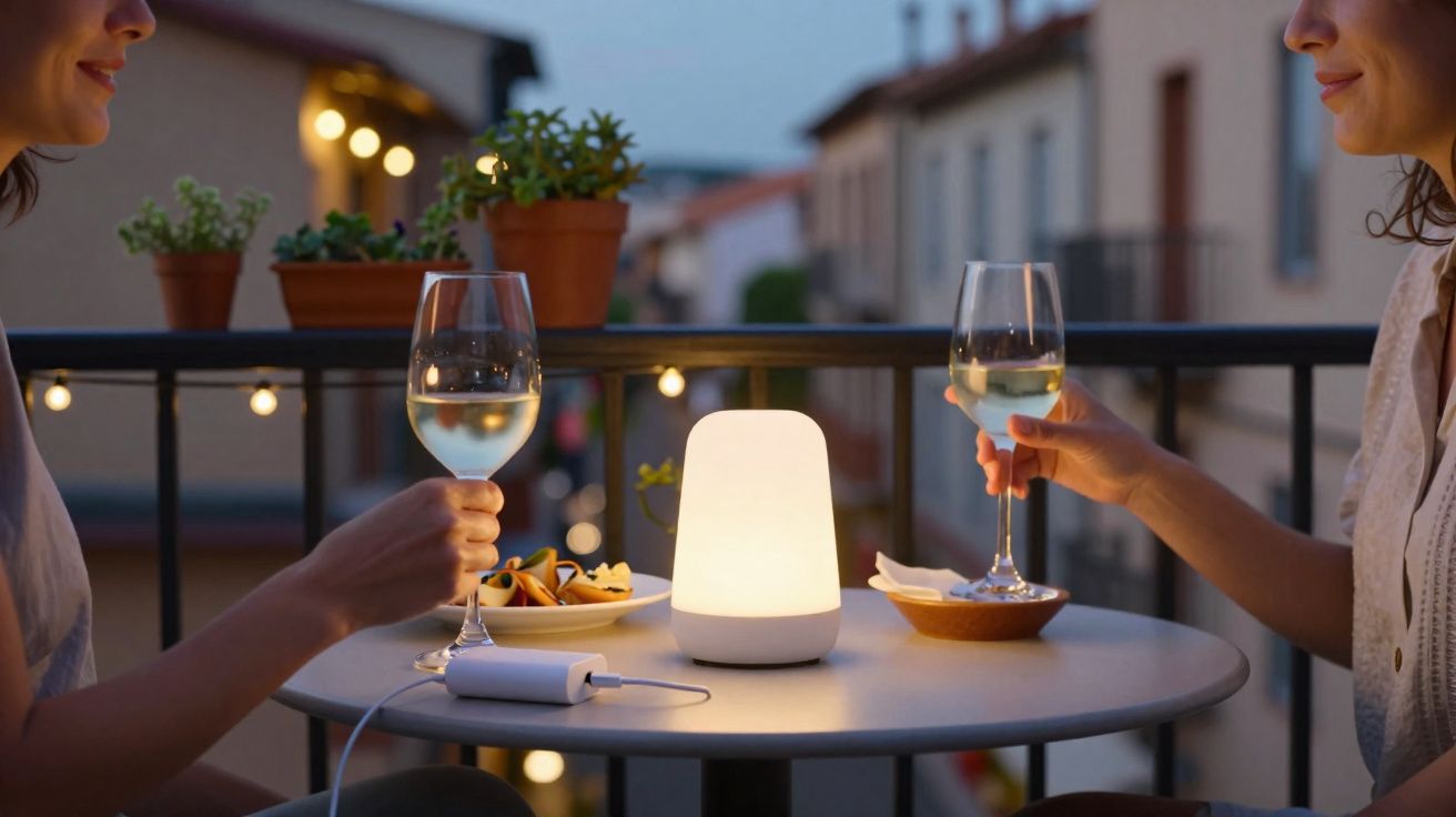Deux personnes trinquent avec du vin blanc autour d'une table ronde éclairée par une lampe douce en soirée.