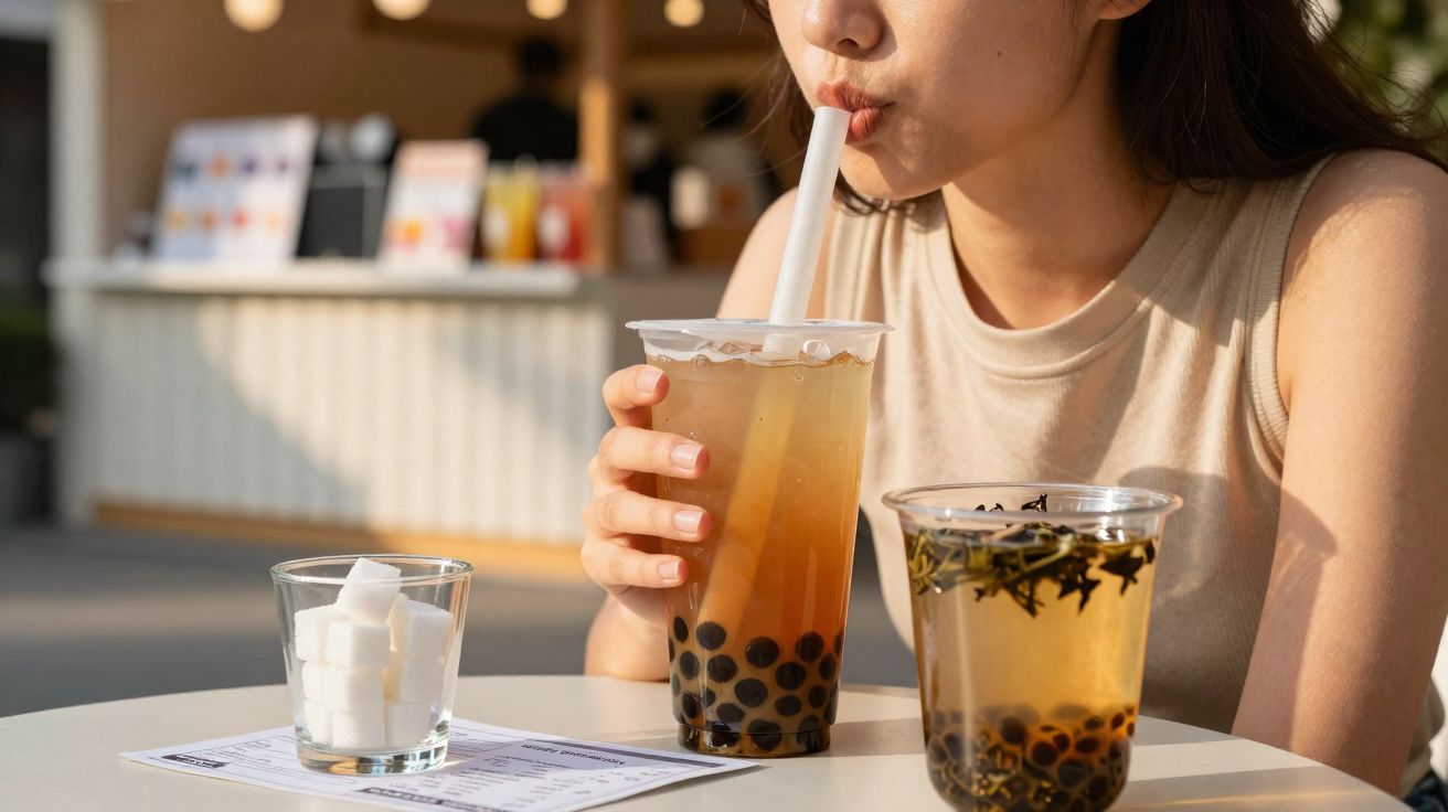 Jeune femme buvant un thé au bubble tea avec perles de tapioca, à une table avec un verre de sucre cubes.