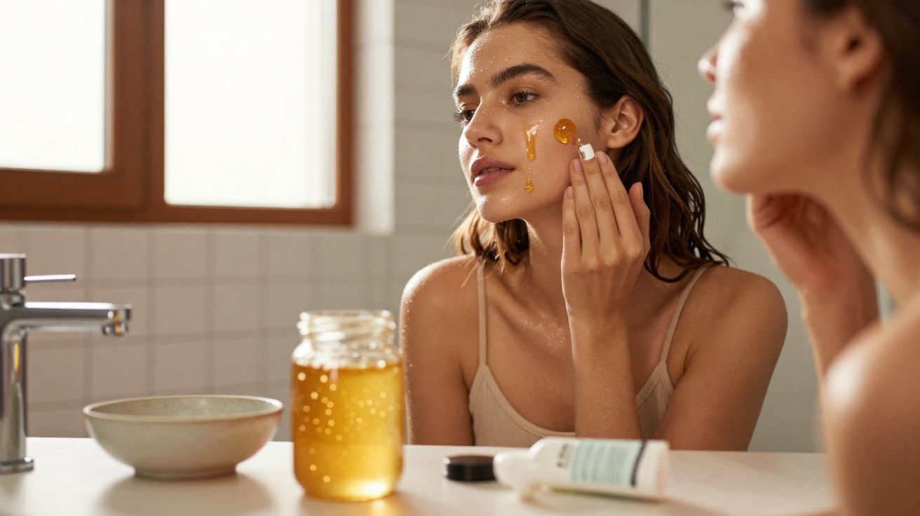 Jeune femme appliquant du miel sur son visage devant un miroir dans une salle de bain lumineuse.