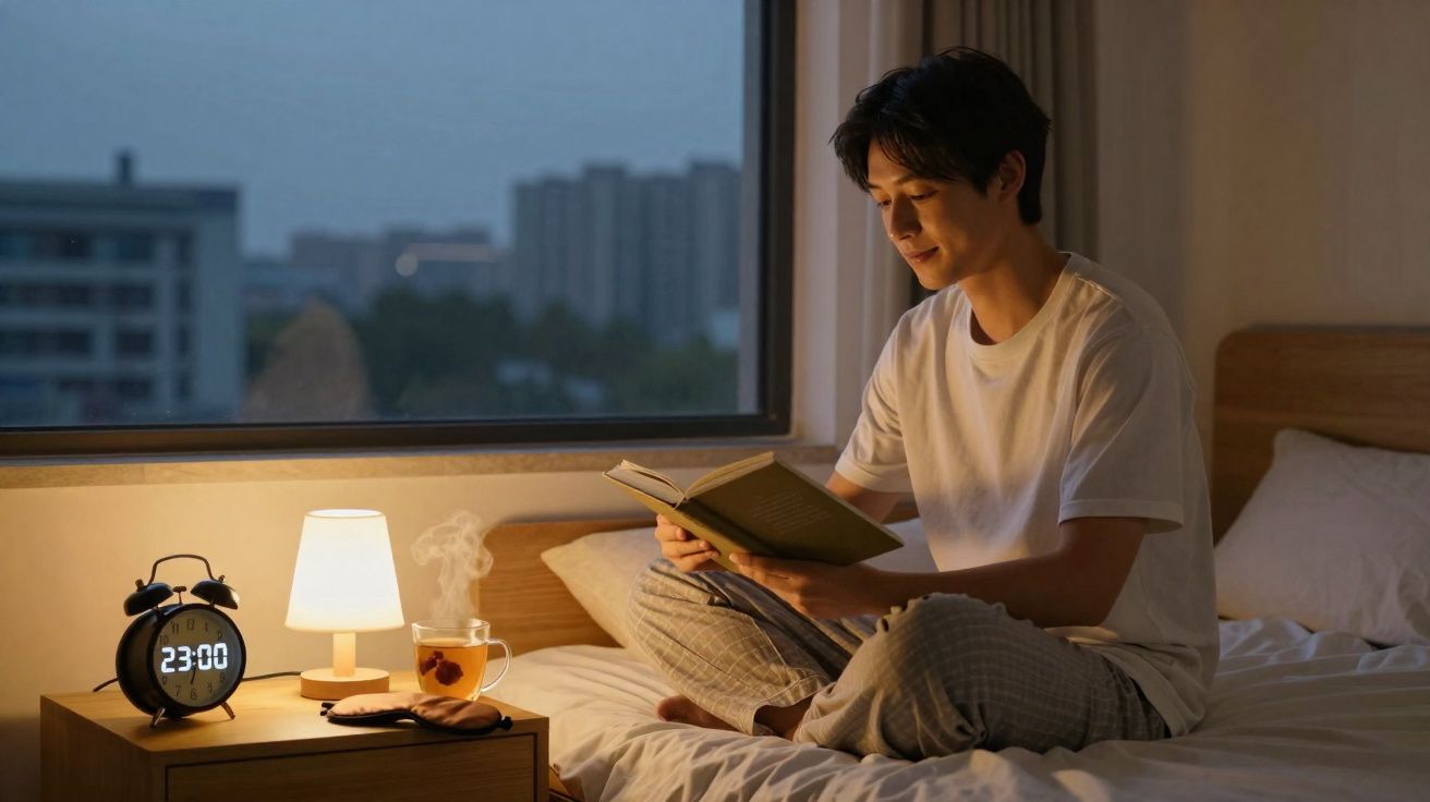 Homme en pyjama lisant un livre au lit à la lumière chaude d'une lampe de chevet près d'une tasse de thé fumante.