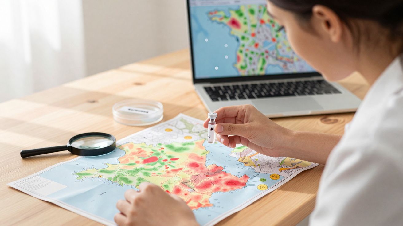 Personne analysant une carte épidémiologique avec loupe et échantillon, ordinateur portable en arrière-plan.
