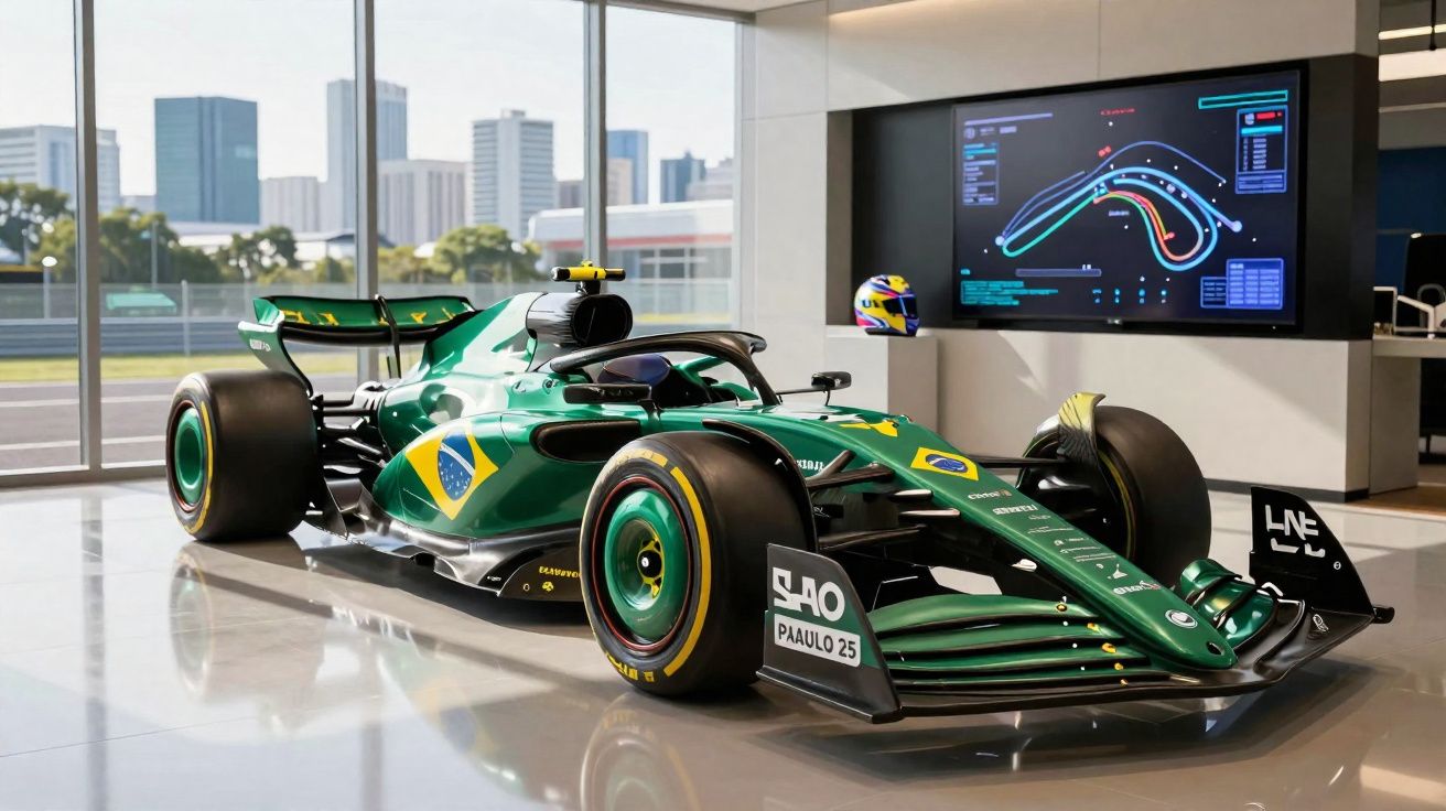 Voiture de Formule 1 verte avec drapeau brésilien exposée dans une salle moderne avec écran de données.
