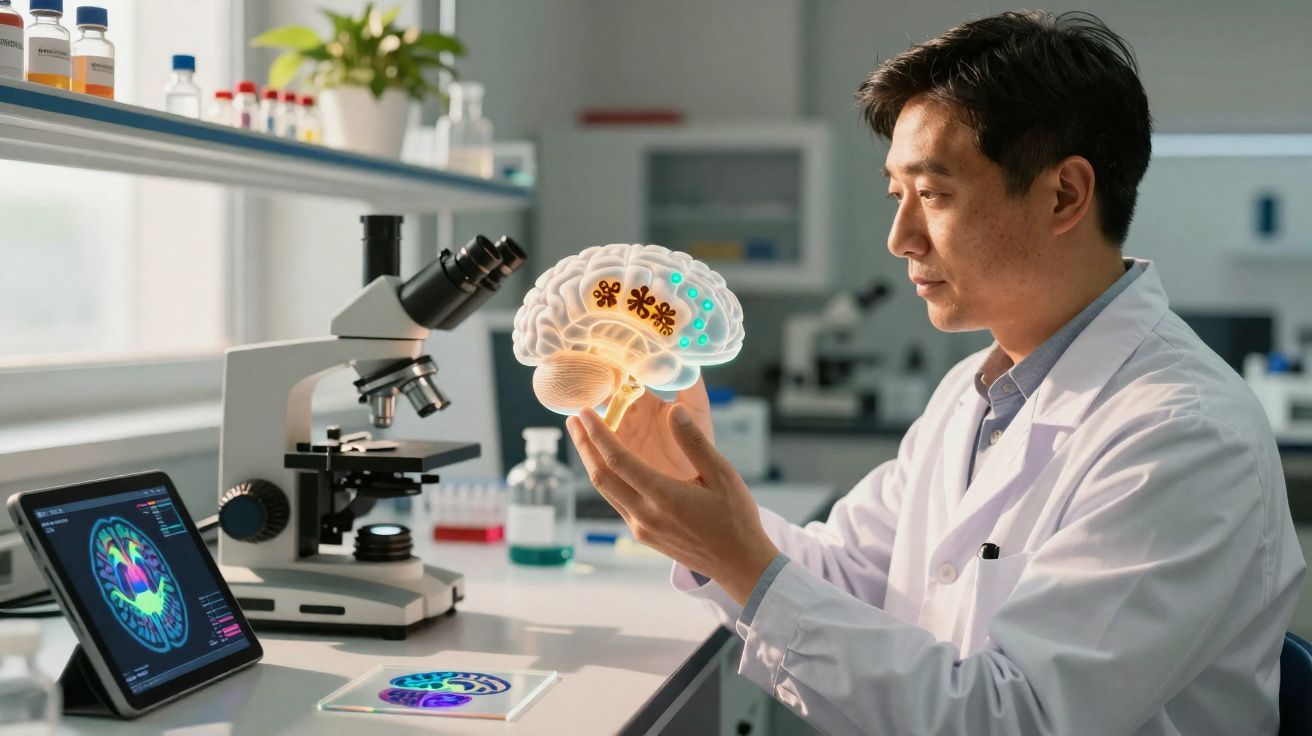 Chercheur en blouse blanche analysant un modèle 3D de cerveau dans un laboratoire scientifique.