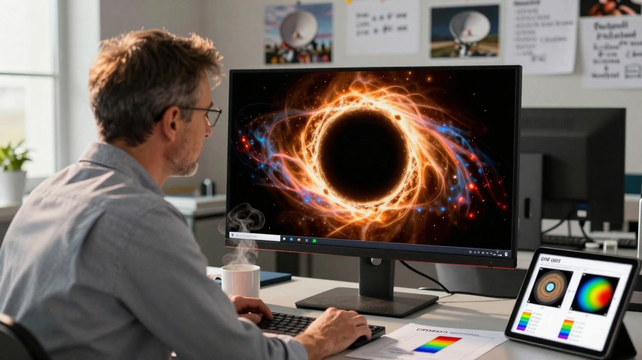 Un homme travaillant sur ordinateur avec une image animée de trou noir lumineux à l'écran.