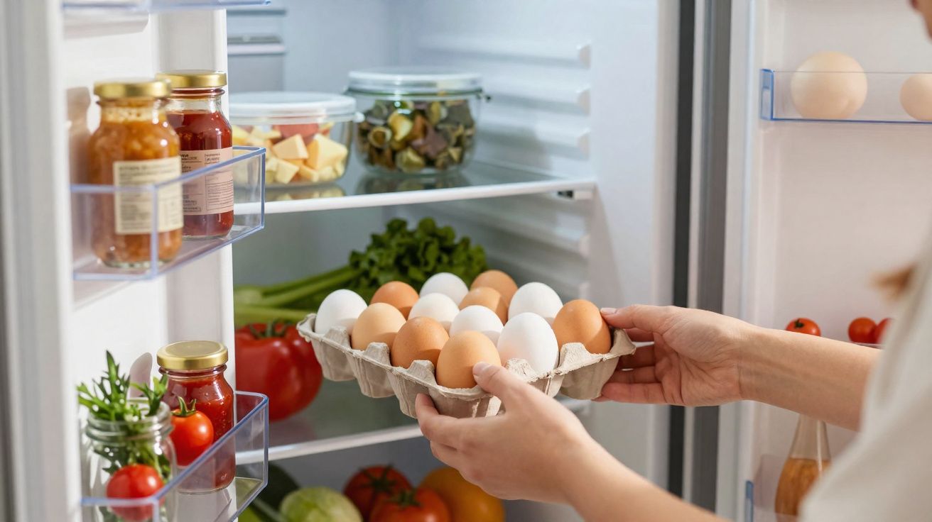 Personne plaçant un plateau d'œufs blancs et bruns dans un réfrigérateur rempli de légumes et bocaux.