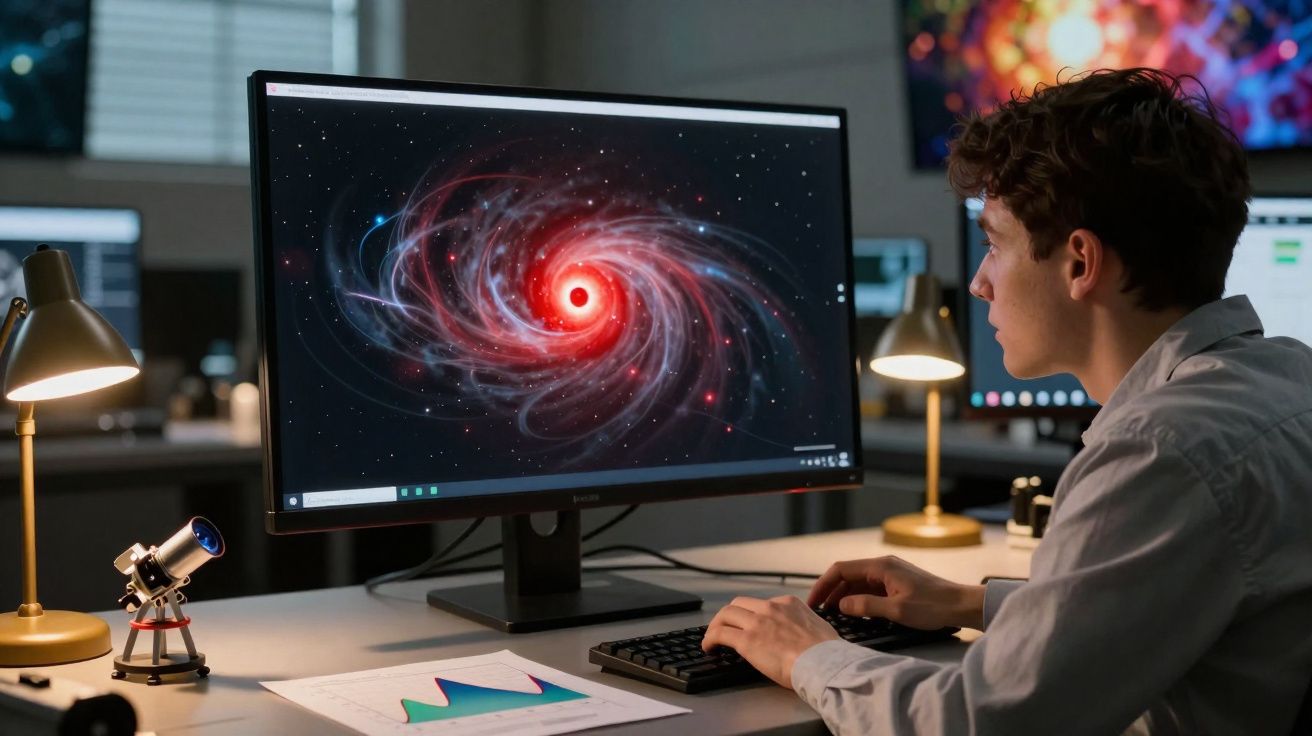 Jeune homme observant une simulation de galaxie spiralée rouge sur un écran d’ordinateur dans un bureau.