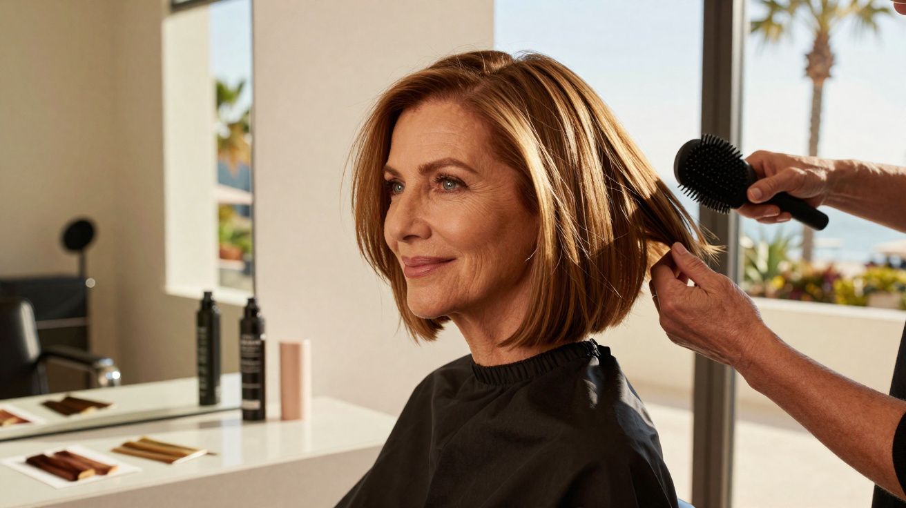 Femme souriante avec un carré blond coiffé par un professionnel dans un salon lumineux avec vue sur l'extérieur.